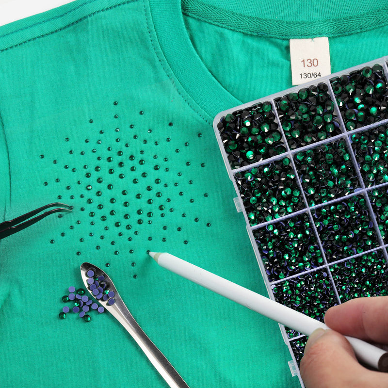Dark Green Hotfix Rhinestones Multi Sizes Kit, 14400 pcs Heat Fix Rhinestone for Bedazzling Clothes Crafts Mixed 5 Sizes with Wax Pencil, Tweezers and Spoon, SS6-SS30, Emerald