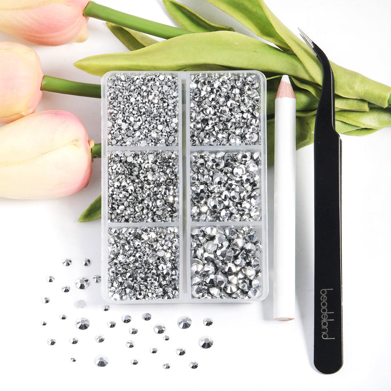 Beadsland 4300pcs Flatback Rhinestones,  Nail Gems Round Crystal Rhinestones for Crafts,Mixed 6 Sizes with Picking Tweezers and Wax Pencil Kit- Silver Hematite