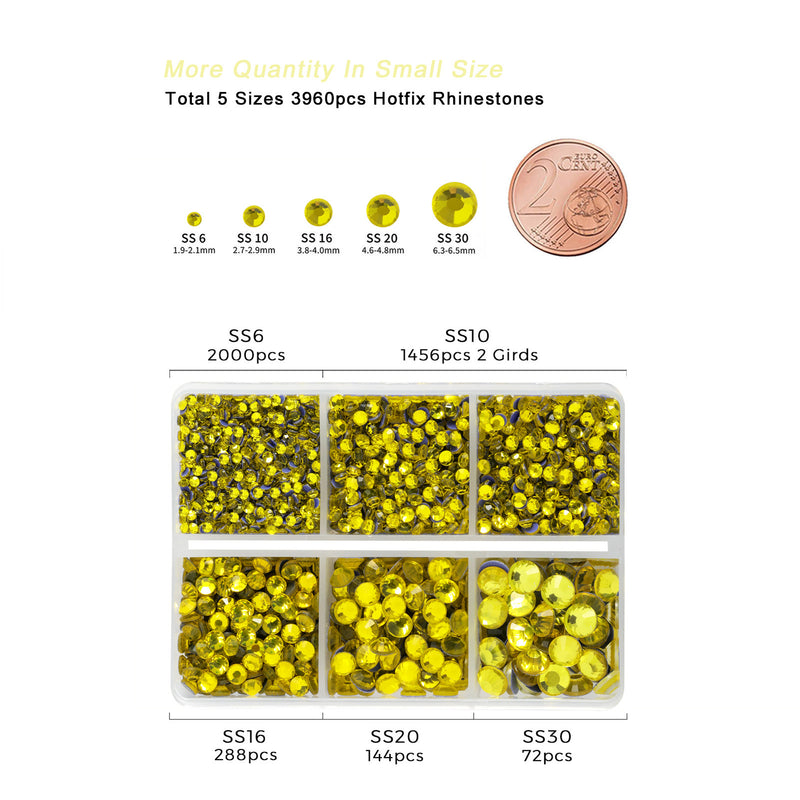 Hotfix Rhinestones 3960pcs, Rhinestone for Clothes, Hot Fix Crystals Rhinestones with Tweezers and Wax Pencil Kit,Mixed 5 Sizes, SS6-SS30, Lemon Yellow