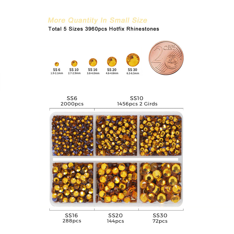 Hotfix Rhinestones 3960pcs, Rhinestone for Clothes, Hot Fix Crystals Rhinestones with Tweezers and Wax Pencil Kit,Mixed 5 Sizes, SS6-SS30, Topaz