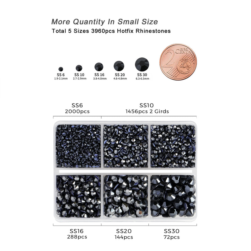 Hotfix Rhinestones 3960pcs, Rhinestone for Clothes, Hot Fix Crystals Rhinestones with Tweezers and Wax Pencil Kit,Mixed 5 Sizes, SS6-SS30, Jet Hematite