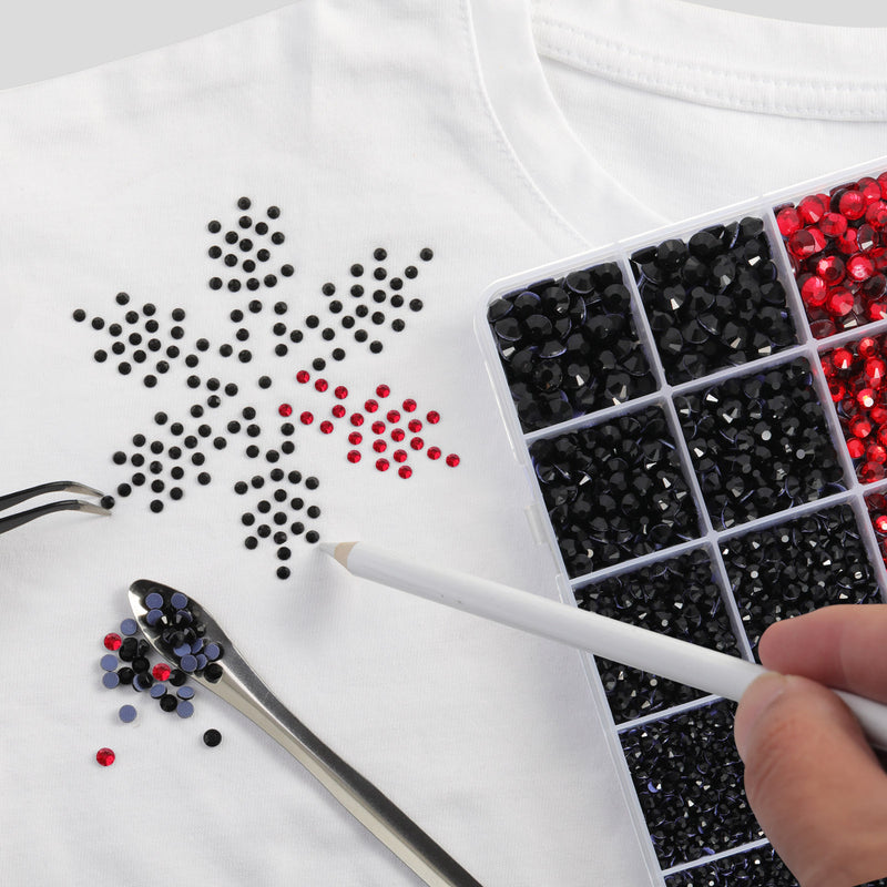 Hotfix Rhinestones Multi Sizes Kit, 14400 pcs Heat Fix Rhinestone for Bedazzling Clothes Crafts Mixed 5 Sizes with Wax Pencil, Tweezers and Spoon, SS6-SS30, Siam and Black