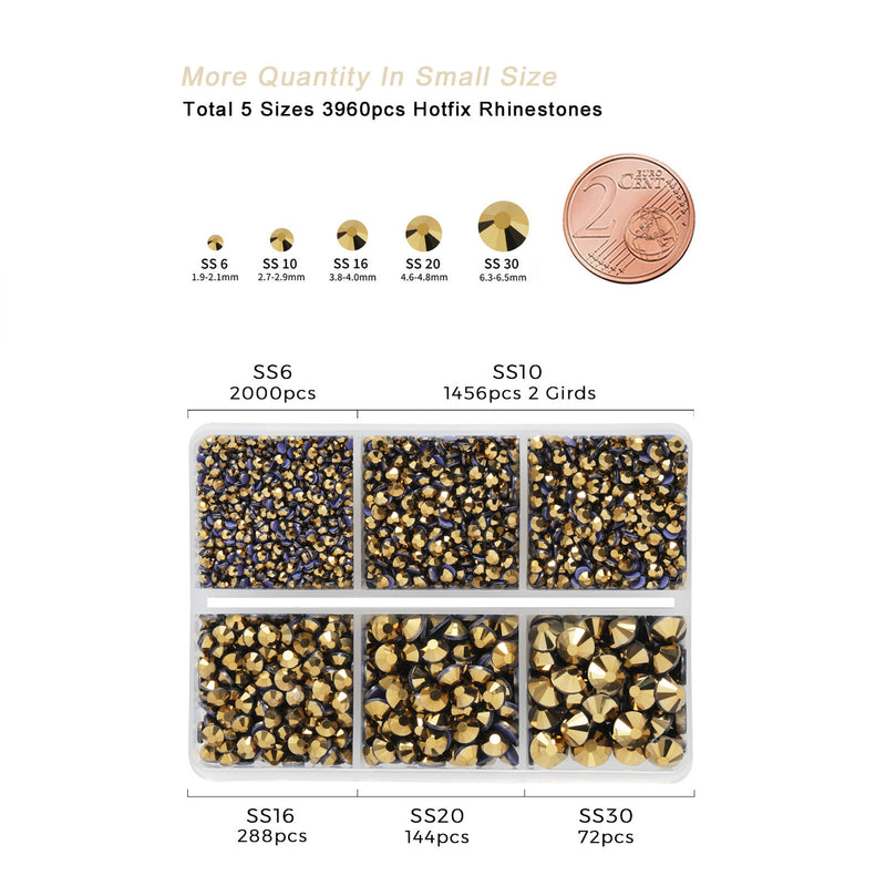 Hotfix Rhinestones 3960pcs, Rhinestone for Clothes, Hot Fix Crystals Rhinestones with Tweezers and Wax Pencil Kit,Mixed 5 Sizes, SS6-SS30, Aurum