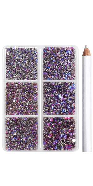 Beadsland 7200pcs Flatback Rhinestones,Nail Gems Round Crystal Rhinestones for Crafts,Mixed 6 Sizes with Wax Pencil Kit, SS3-SS10-Purple Velvet