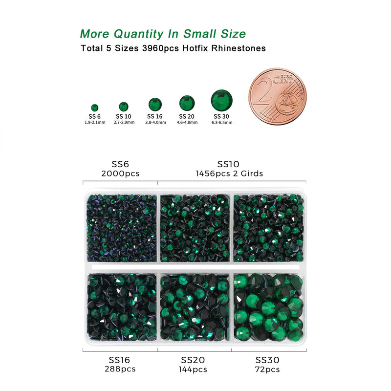 Hotfix Rhinestones 3960pcs, Rhinestone for Clothes, Hot Fix Crystals Rhinestones with Tweezers and Wax Pencil Kit,Mixed 5 Sizes, SS6-SS30, Emerald