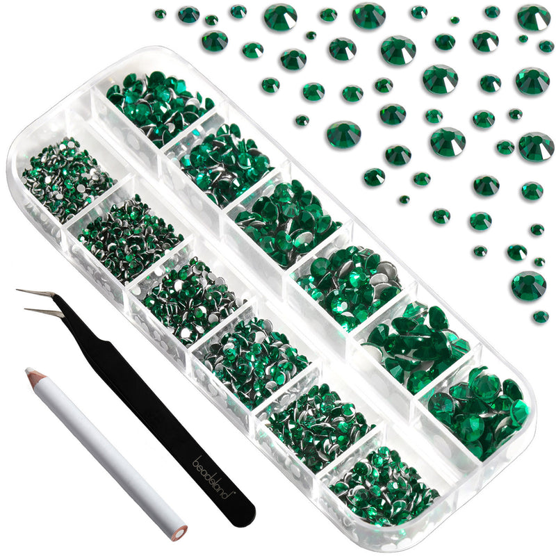 Beadsland Rhinestones for Makeup,8 sizes 2500pcs Flatback Rhinestones Face Gems for Nails Crafts with Tweezers and Wax Pencil- Emerald