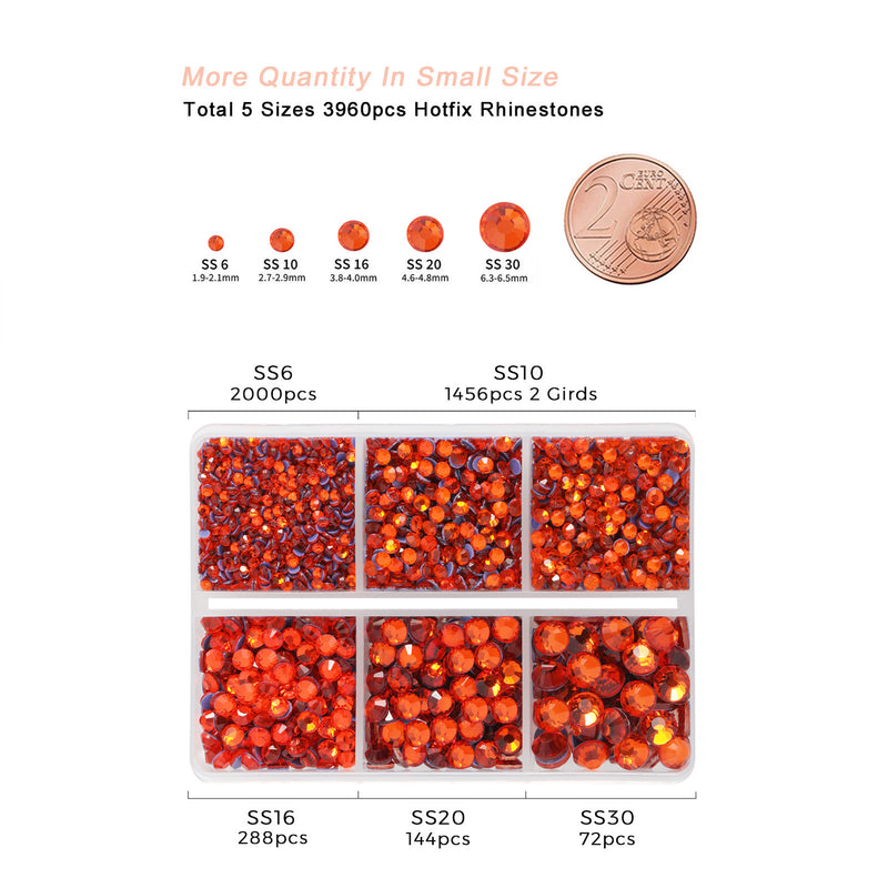Hotfix Rhinestones 3960pcs, Rhinestone for Clothes, Hot Fix Crystals Rhinestones with Tweezers and Wax Pencil Kit,Mixed 5 Sizes, SS6-SS30, Hyacinth/Orange