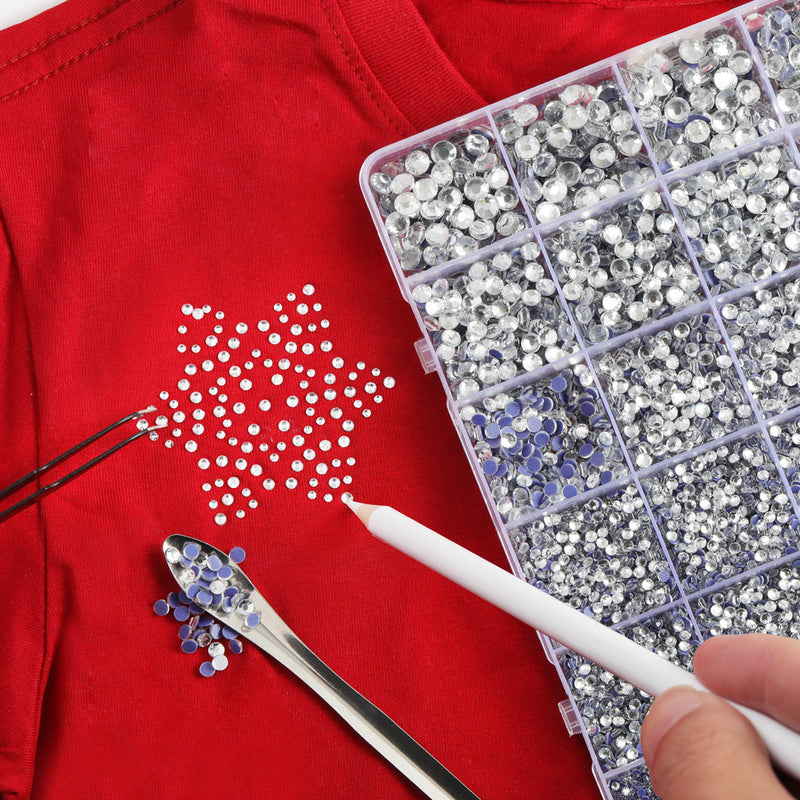 Hotfix Rhinestones Multi Sizes Kit, 14400 pcs Heat Fix Rhinestone for Bedazzling Clothes Crafts Mixed 5 Sizes with Wax Pencil, Tweezers and Spoon, SS6-SS30, Clear AB