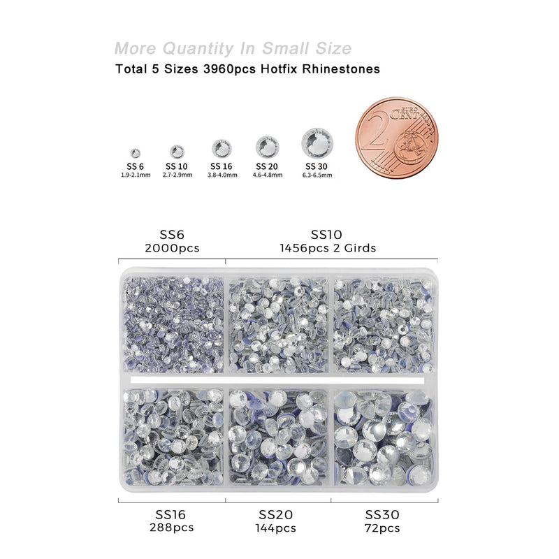 Hotfix Rhinestones 3960pcs, Rhinestone for Clothes, Hot Fix Crystals Rhinestones with Tweezers and Wax Pencil Kit,Mixed 5 Sizes, SS6-SS30, Crystal