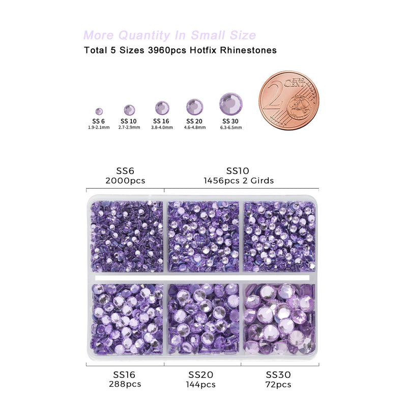 Hotfix Rhinestones 3960pcs, Rhinestone for Clothes, Hot Fix Crystals Rhinestones with Tweezers and Wax Pencil Kit,Mixed 5 Sizes, SS6-SS30, Violet