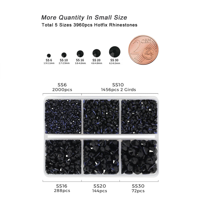 Hotfix Rhinestones 3960pcs, Rhinestone for Clothes, Hot Fix Crystals Rhinestones with Tweezers and Wax Pencil Kit,Mixed 5 Sizes, SS6-SS30, Jet Black