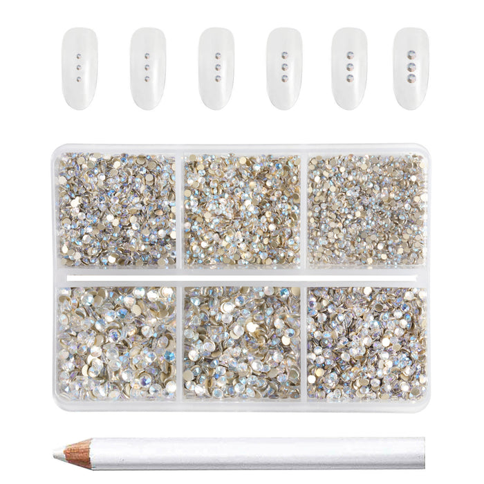 Beadsland 7200 Stück Strasssteine ​​mit flacher Rückseite, Nagelsteine, runde Kristall-Strasssteine ​​zum Basteln, gemischt in 6 Größen mit Wachsstift-Set, SS3–SS10 – Bluemoonlight
