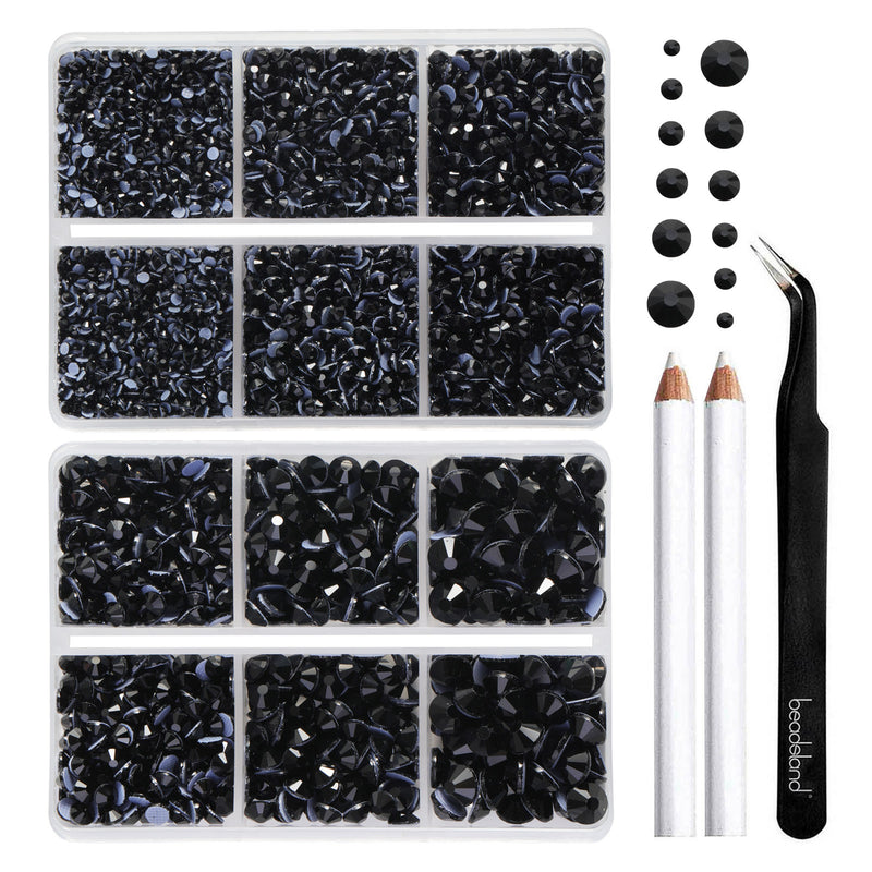 BEADSLAND Hotfix Rhinestones, 6080PCS Black Rhinestones for Clothes Crafts Mixed 6 Sizes with Wax Pencil and Tweezers Kit - Jet Black