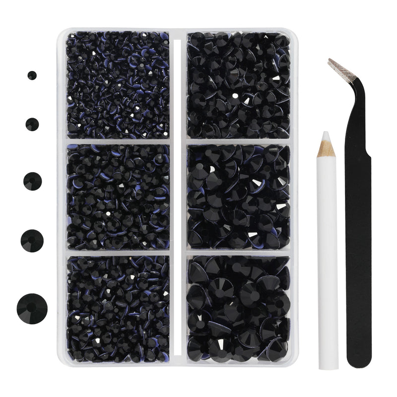 Hotfix Rhinestones 3960pcs, Rhinestone for Clothes, Hot Fix Crystals Rhinestones with Tweezers and Wax Pencil Kit,Mixed 5 Sizes, SS6-SS30, Jet Black