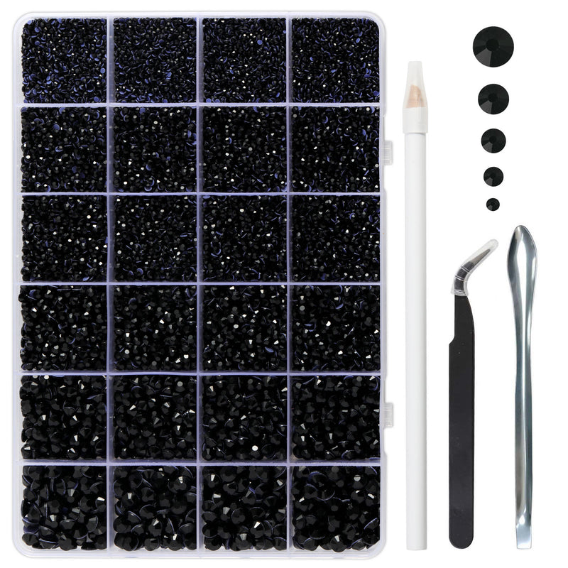 Black Hotfix Rhinestones Multi Sizes Kit, 14400 pcs Heat Fix Rhinestone for Bedazzling Clothes Crafts Mixed 5 Sizes with Wax Pencil, Tweezers and Spoon, SS6-SS30, Black