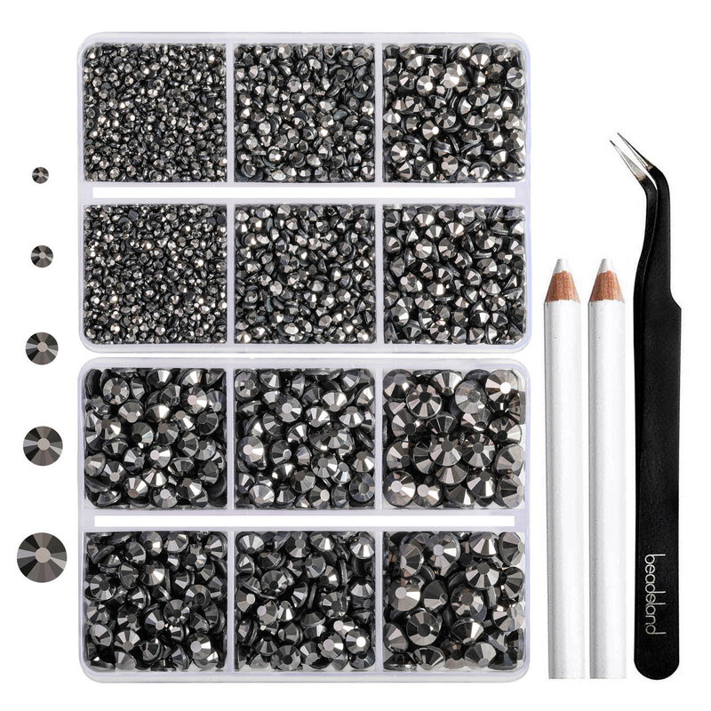 6736pcs Hotfix Rhinestones for Crafts Clothes Mixed 5 Sizes, Hotfix Crystals with Tweezers and Wax Pencil Kit, SS6-SS30- Jet Hematite