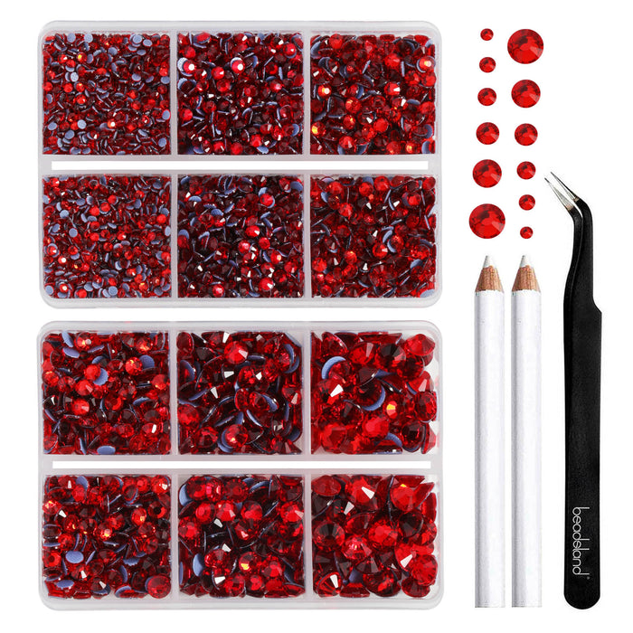BEADSLAND Hotfix Rhinestones, 6080PCS Light Red Rhinestones for Clothes Crafts Mixed 6 Sizes with Wax Pencil and Tweezers Kit - Light Siam