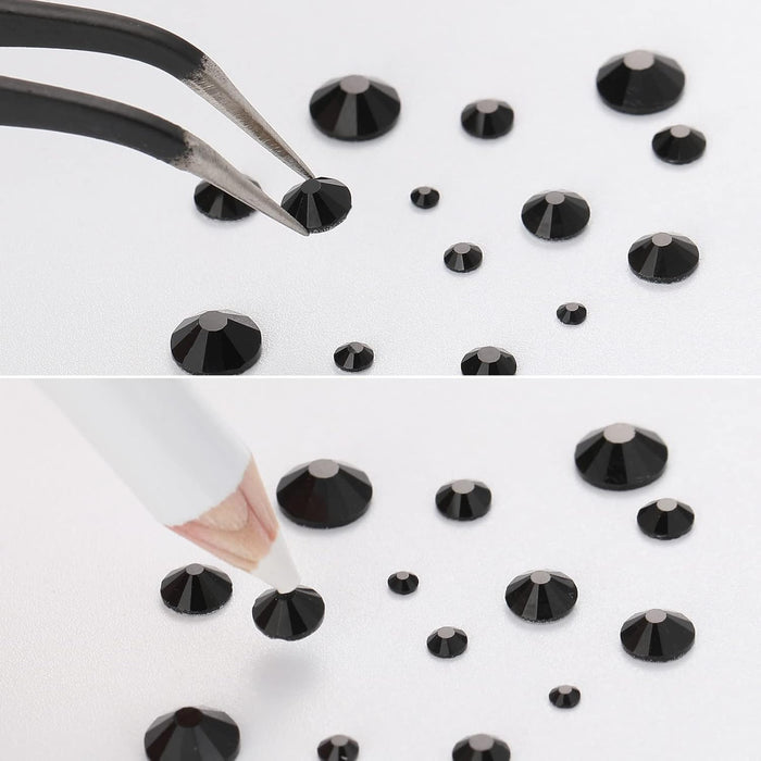 Beadsland Rhinestones for Makeup,8 sizes 2500pcs Flatback Rhinestones Face Gems for Nails Crafts with Tweezers and Wax Pencil- Black