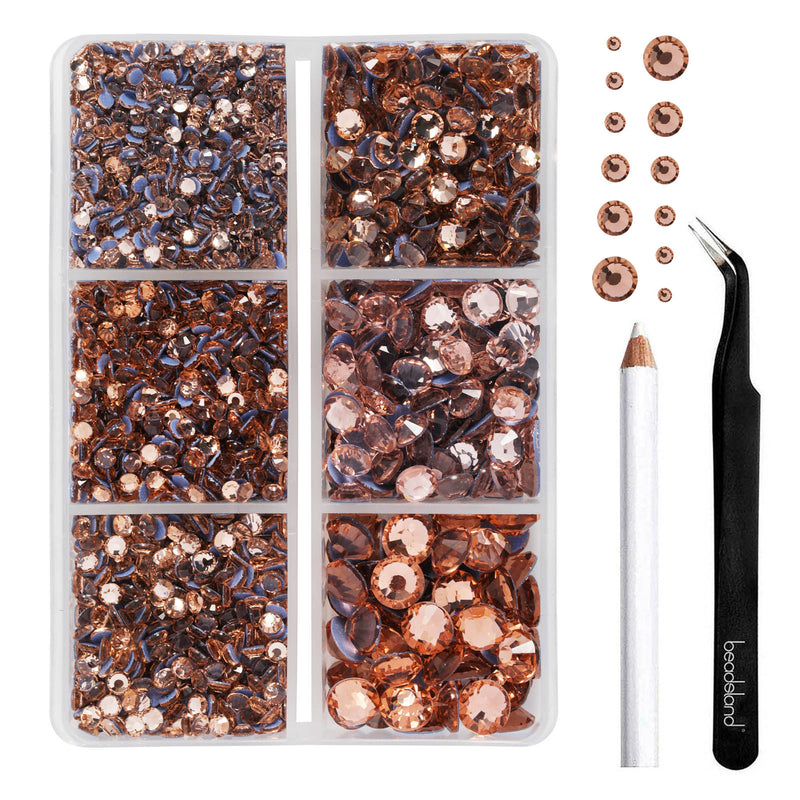 BEADSLAND Hotfix Rhinestones, 4000 PCS Champagne Rhinestones for Clothes Crafts Mixed 6 Sizes with Wax Pencil and Tweezers Kit, SS6-SS30, Champagne