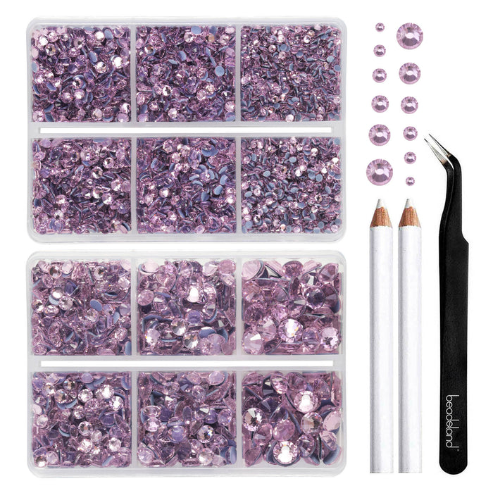 BEADSLAND Hotfix Rhinestones, 6080PCS Pink Rhinestones for Clothes Crafts Mixed 6 Sizes with Wax Pencil and Tweezers Kit - Light Pink