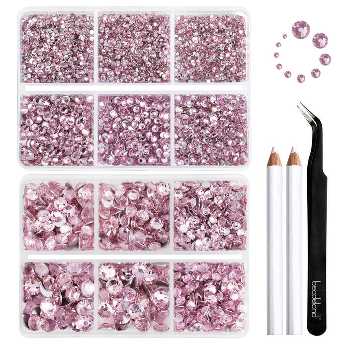 Beadsland 8300 piezas de diamantes de imitación con reverso plano, gemas para uñas, diamantes de imitación de cristal redondos para manualidades, 10 tamaños mezclados con lápiz de cera y kit de pinzas, SS3-SS30-rosa claro