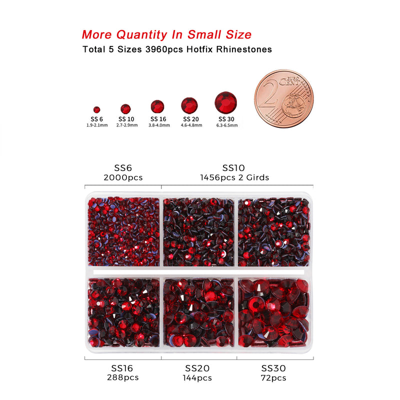 Hotfix Rhinestones 3960pcs, Rhinestone for Clothes, Hot Fix Crystals Rhinestones with Tweezers and Wax Pencil Kit,Mixed 5 Sizes, SS6-SS30, Siam