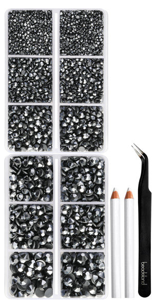 6736pcs Hotfix Rhinestones for Crafts Clothes Mixed 5 Sizes, Hotfix Crystals with Tweezers and Wax Pencil Kit, SS6-SS30- Jet Hematite
