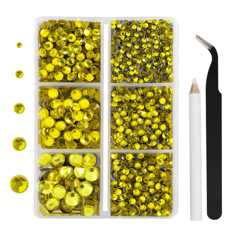 Hotfix Rhinestones 3960pcs, Rhinestone for Clothes, Hot Fix Crystals Rhinestones with Tweezers and Wax Pencil Kit,Mixed 5 Sizes, SS6-SS30, Lemon Yellow