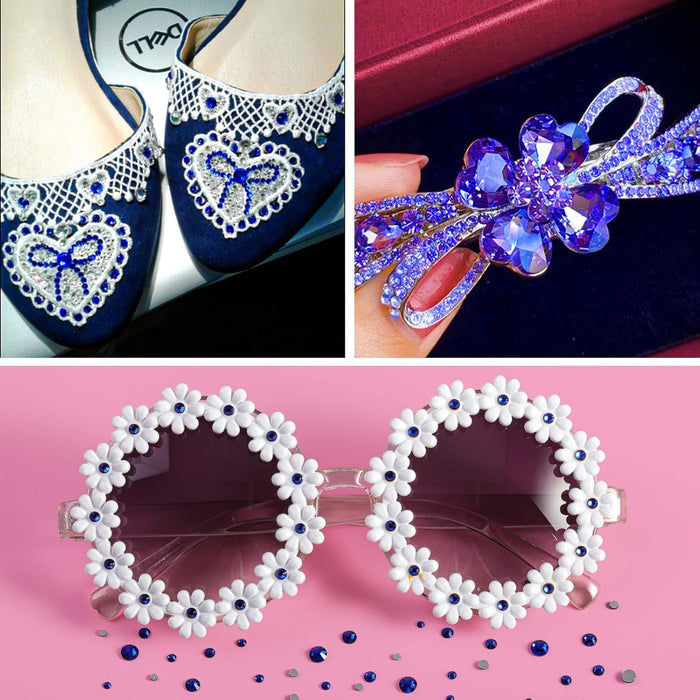 Beadsland 8300 piezas de diamantes de imitación con reverso plano, gemas para uñas, diamantes de imitación de cristal redondos para manualidades, 10 tamaños mezclados con lápiz de cera y kit de pinzas, SS3-SS30-Sapphire