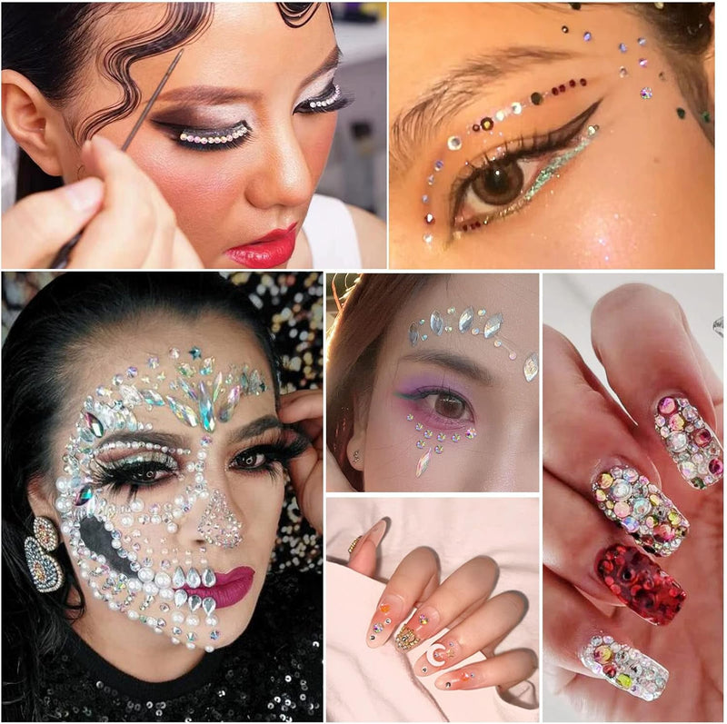 Beadsland Rhinestones for Makeup,8 sizes 2500pcs Flatback Rhinestones Face Gems for Nails Crafts with Tweezers and Wax Pencil- Crystal AB