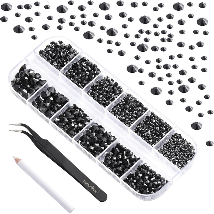 Beadsland Rhinestones for Makeup,8 sizes 2500pcs Flatback Rhinestones Face Gems for Nails Crafts with Tweezers and Wax Pencil- Black