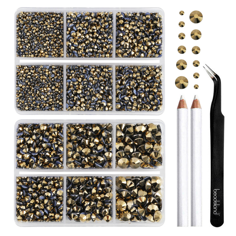 BEADSLAND Hotfix Rhinestones, 6080PCS Aurum Rhinestones for Clothes Crafts Mixed 6 Sizes with Wax Pencil and Tweezers Kit - Aurum