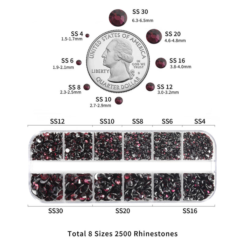 Beadsland Rhinestones for Makeup,8 sizes 2500pcs Flatback Rhinestones Face Gems for Nails Crafts with Tweezers and Wax Pencil - Amethyst