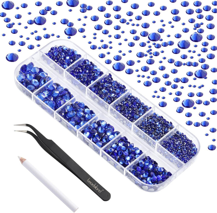 Diamantes de imitación Beadsland para maquillaje, 8 tamaños, 2500 piezas, diamantes de imitación con reverso plano, gemas para la cara para manualidades de uñas con pinzas y lápiz de cera, zafiro