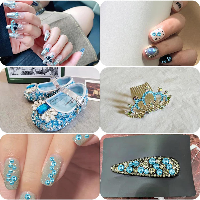 Beadsland 4300pcs Flatback Rhinestones,  Nail Gems Round Crystal Rhinestones for Crafts,Mixed 6 Sizes with Picking Tweezers and Wax Pencil Kit- Aquamarine AB