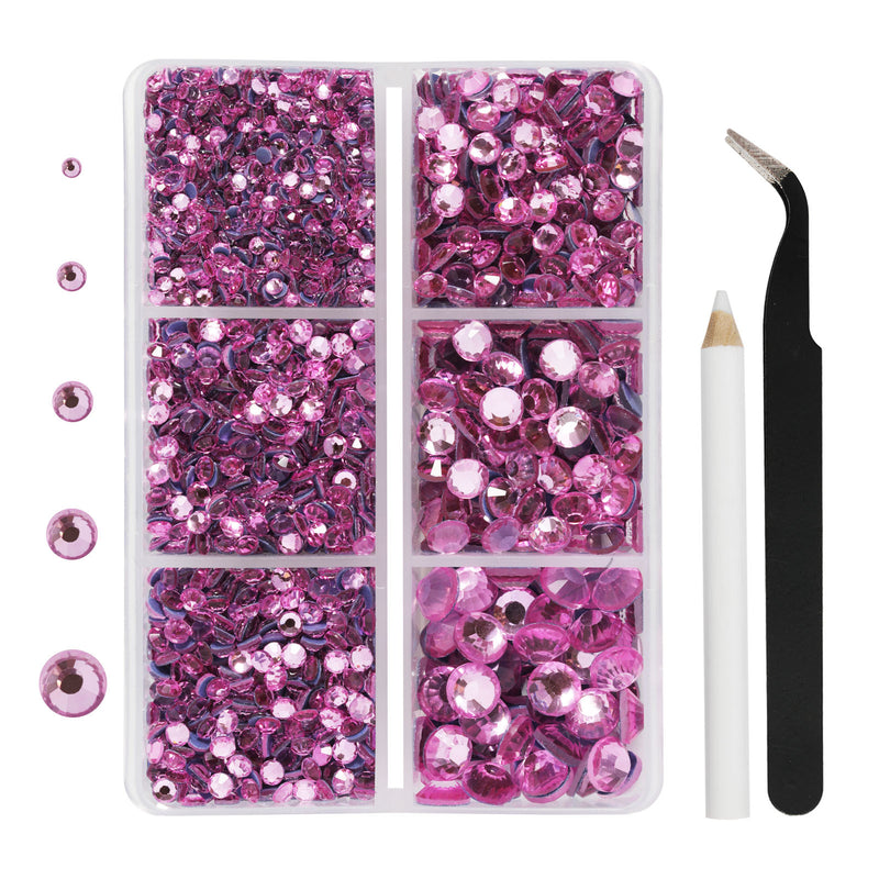 Hotfix Rhinestones 3960pcs, Rhinestone for Clothes, Hot Fix Crystals Rhinestones with Tweezers and Wax Pencil Kit,Mixed 5 Sizes, SS6-SS30, Dark Pink