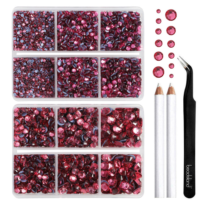 BEADSLAND Hotfix Rhinestones, 6080PCS Rose Rhinestones for Clothes Crafts Mixed 6 Sizes with Wax Pencil and Tweezers Kit - Rose