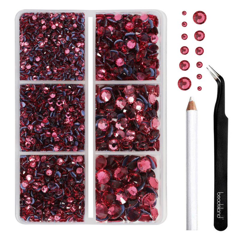 BEADSLAND Hotfix Rhinestones, 4000 PCS Rose Rhinestones for Clothes Crafts Mixed 6 Sizes with Wax Pencil and Tweezers Kit, SS6-SS30, Rose
