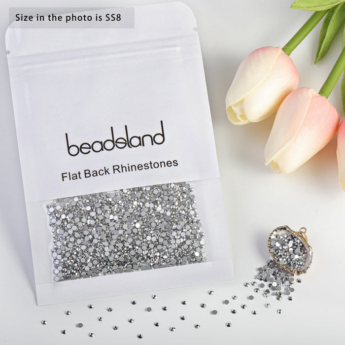 Beadsland - Diamantes de imitación de cristal con parte trasera plana, gemas redondas para decoración de uñas y pegamento para manualidades, hematita plateada