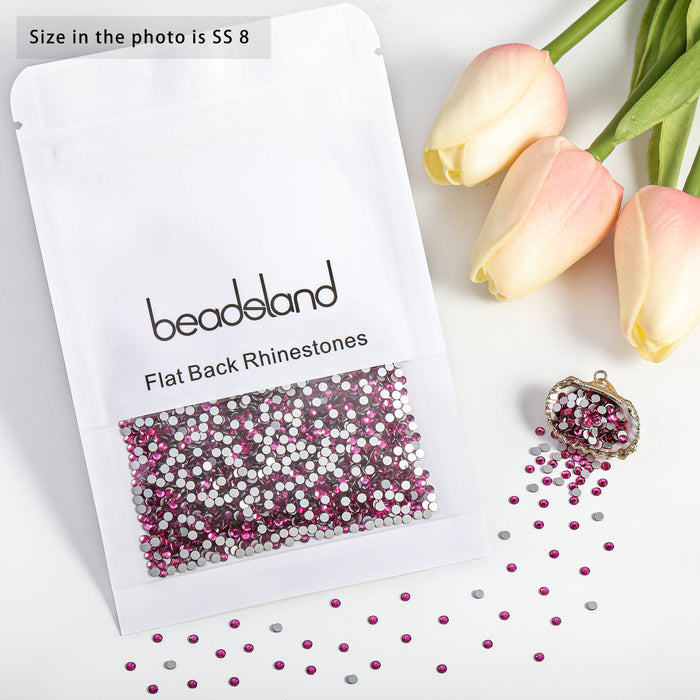 Beadsland Flat Back Crystal Rhinestones Round Gems For Nail Art And Craft Glue Fix - Fuchsia