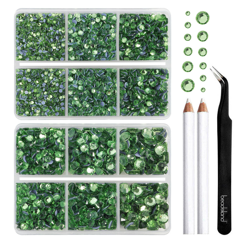 BEADSLAND Hotfix Rhinestones, 6080PCS Light Green Rhinestones for Clothes Crafts Mixed 6 Sizes with Wax Pencil and Tweezers Kit - Peridot