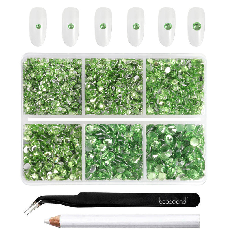 Beadsland 4300pcs Flatback Rhinestones,  Nail Gems Round Crystal Rhinestones for Crafts,Mixed 6 Sizes with Picking Tweezers and Wax Pencil Kit -Light Green/Peridot