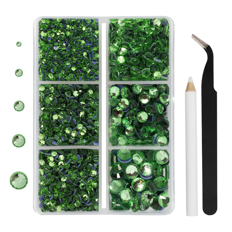 Hotfix Rhinestones 3960pcs, Rhinestone for Clothes, Hot Fix Crystals Rhinestones with Tweezers and Wax Pencil Kit,Mixed 5 Sizes, SS6-SS30, Light Green