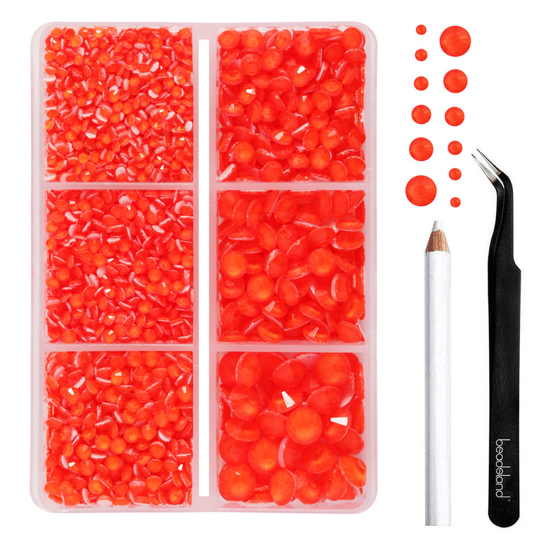 BEADSLAND Hotfix Rhinestones, 4000 PCS Neon Orange Rhinestones for Clothes Crafts Mixed 6 Sizes with Wax Pencil and Tweezers Kit, SS6-SS30, Neon Orange