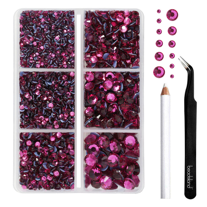 BEADSLAND Hotfix Rhinestones, 4000 PCS Fuchsia Rhinestones for Clothes Crafts Mixed 6 Sizes with Wax Pencil and Tweezers Kit, SS6-SS30, Fuchsia