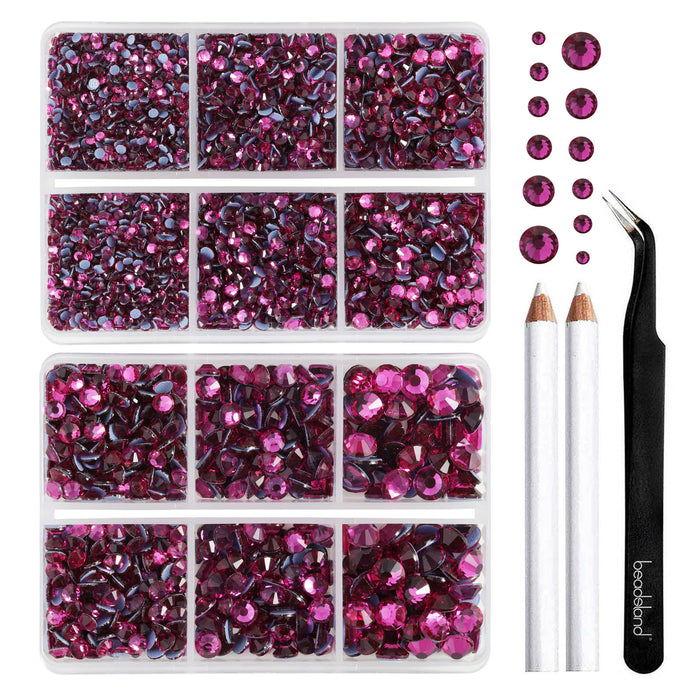BEADSLAND Hotfix Rhinestones, 6080PCS Hot Pink Rhinestones for Clothes Crafts Mixed 6 Sizes with Wax Pencil and Tweezers Kit - Fuchsia