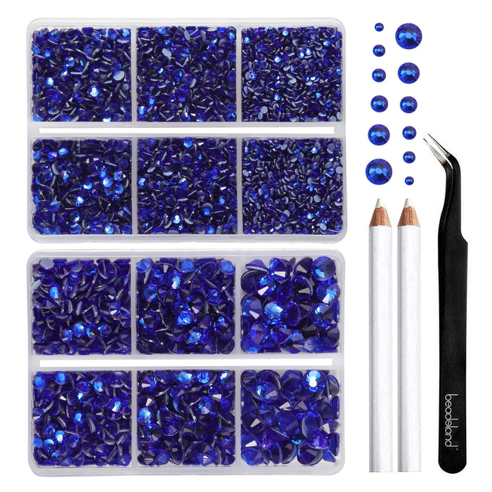 BEADSLAND Hotfix Rhinestones, 6080PCS Dark Blue Rhinestones for Clothes Crafts Mixed 6 Sizes with Wax Pencil and Tweezers Kit - Sapphire