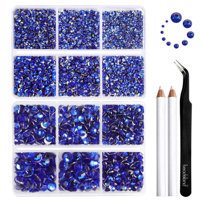 Beadsland 8300 piezas de diamantes de imitación con reverso plano, gemas para uñas, diamantes de imitación de cristal redondos para manualidades, 10 tamaños mezclados con lápiz de cera y kit de pinzas, SS3-SS30-Sapphire