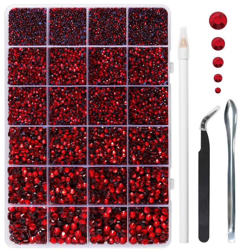 Red Hotfix Rhinestones Multi Sizes Kit, 14400 pcs Heat Fix Rhinestone for Bedazzling Clothes Crafts Mixed 5 Sizes with Wax Pencil,Tweezers and Spoon, SS6-SS30, Siam