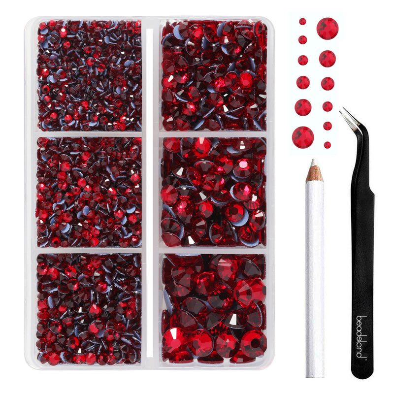 BEADSLAND Hotfix Rhinestones, 4000 PCS Red Rhinestones for Clothes Crafts Mixed 6 Sizes with Wax Pencil and Tweezers Kit, SS6-SS30, Siam